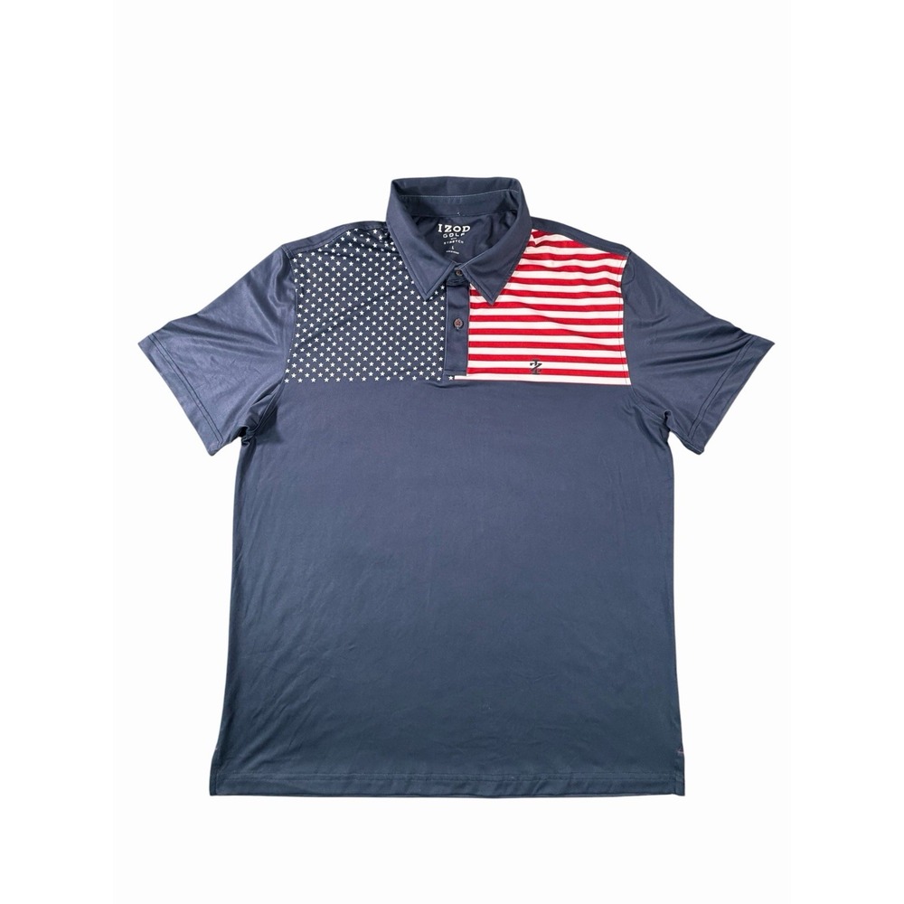 IZOD Golf Polo Men L American Flag Stars Stripes Stretch Patriotic Shirt‎